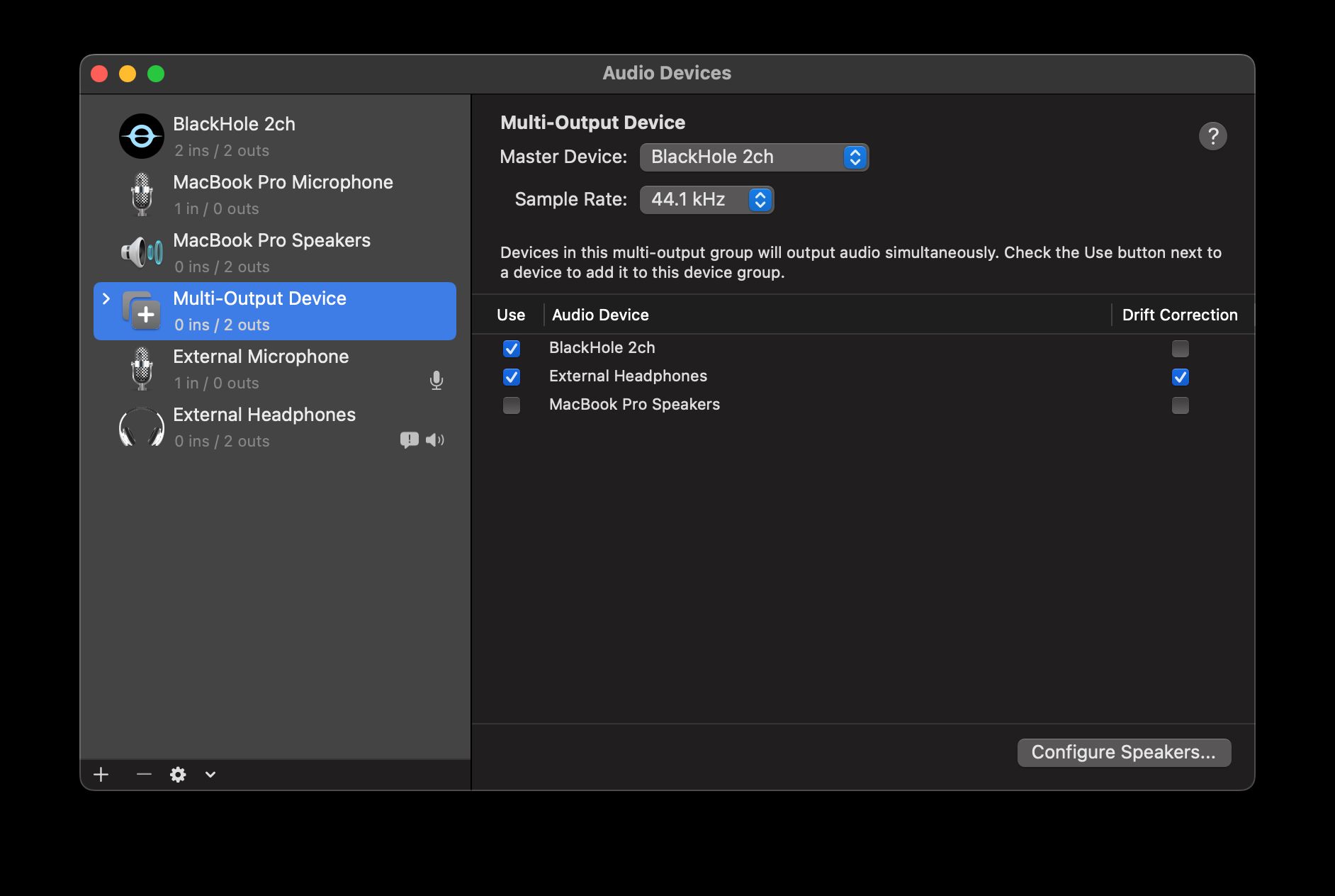 Midi Audio Device showing Multi-Output Device with Blackhole and Headphones selected