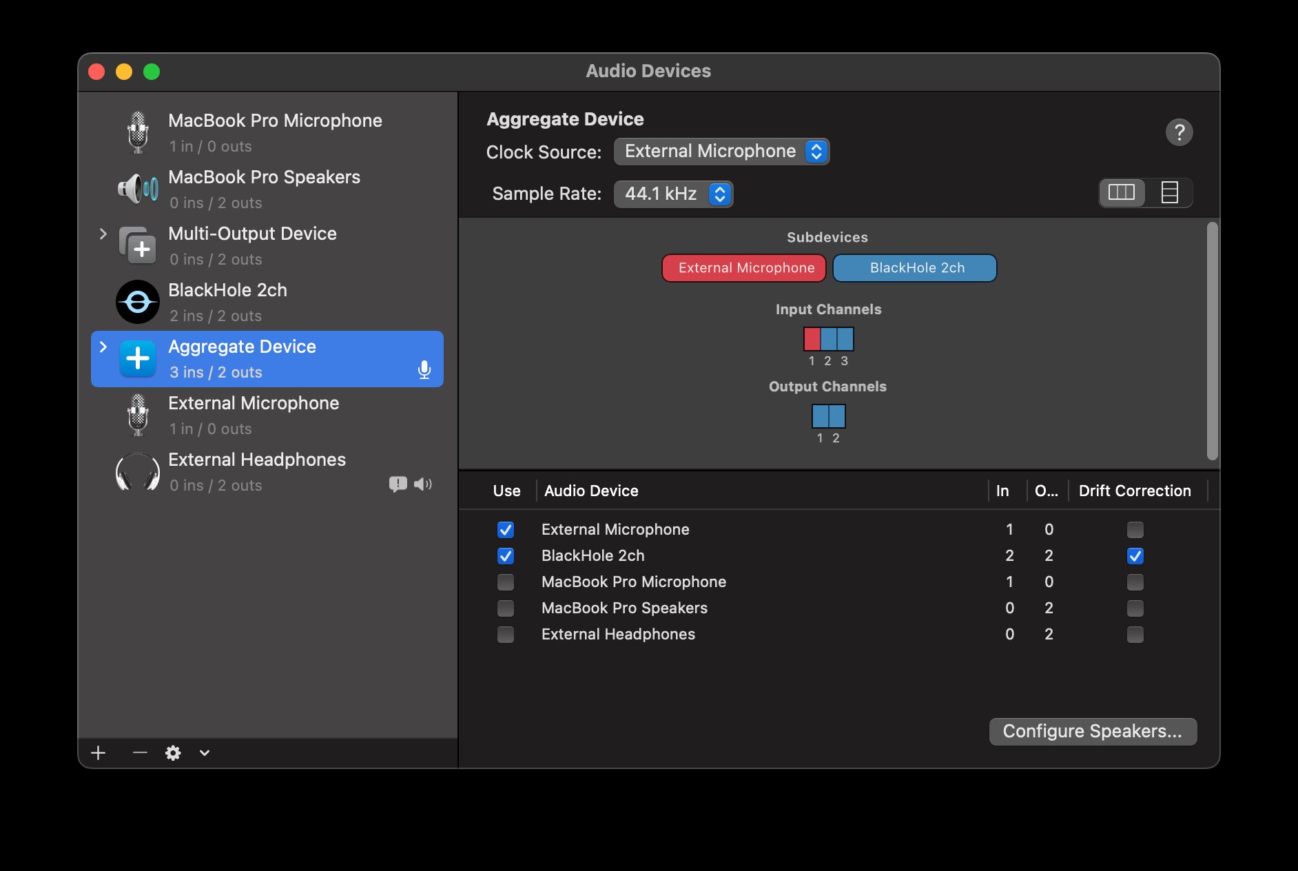 Midi Audio Device showing Aggregate Device with Blackhole and Microphone selected